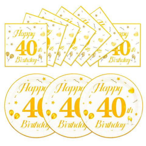 EVYIENEN 50PCS 40th Happy Birthday Plates and Napkins,7 Inch Premium Wihte and Gold Birthday Dessert Cake Plates Party and Cocktail Napkin for Men and WomenTable Anniversary Decoration