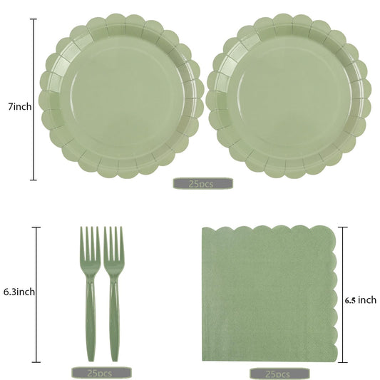 EVYIENEN 75pcs Sage Green Paper Plates and Napkins,25 Guest Sage Green Scalloped Paper Tableware Forks Disposable Dinnerwaret Kit for Baby Shower Bridal Wedding Birthday Party New Year Decorations