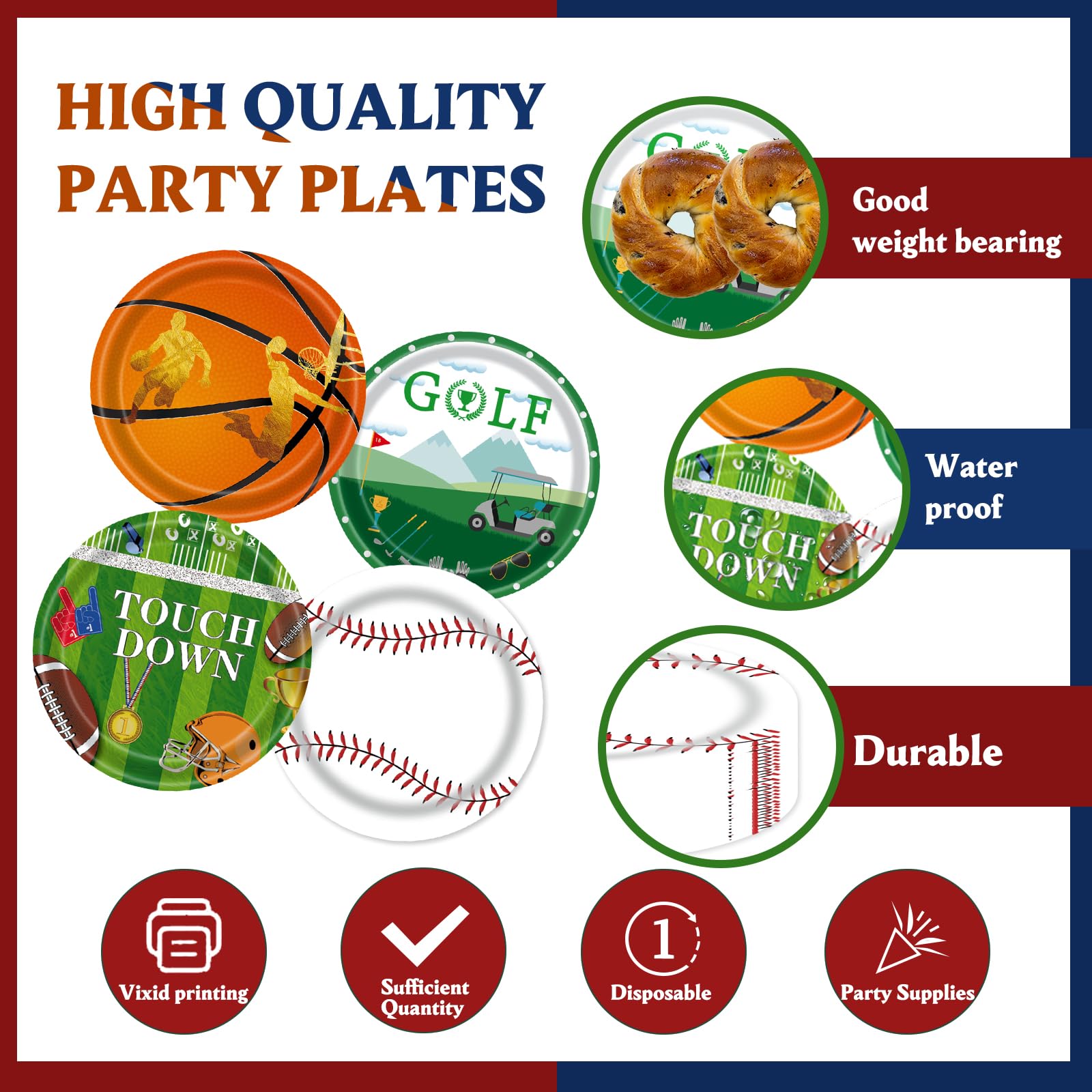 EVYIENEN 48Pcs Sports Birthday Paper Plates,9inch Disposable Sports Football Basketball Golf Baseball Paper Plates in 4 Designs for Kids Birthday Party Favors Decorations