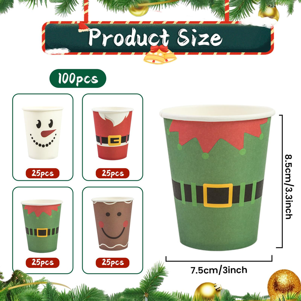 100Pcs 9oz Christmas Paper Cups, Santa Snowman Reindeer Disposable Coffee Cups for Hot and Cold Drinks, Holiday and Winter Party — image 2