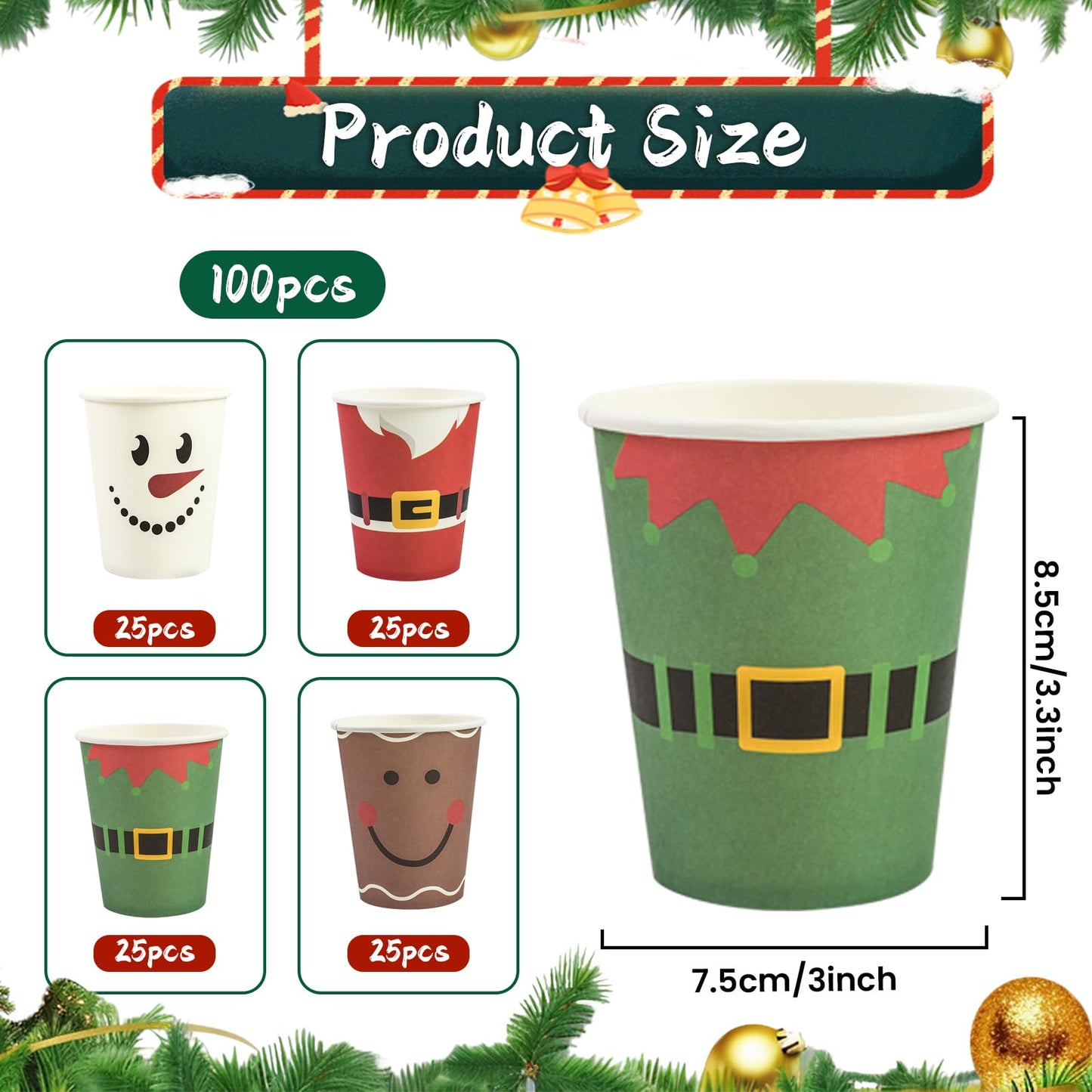 EVYIENEN 100 Pcs 9 oz Christmas Paper Cups,Xmas Disposable Coffee Cups,Nowflake Santa Snowman Elk Drinking Coffee Hot ColdTea Paper for Daily Use Holiday, Winter Party