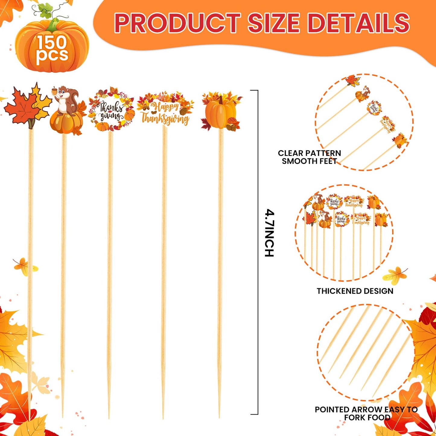 150PCS Thanksgiving Cocktail Picks,Autumn Theme Turkey Squirrel Pumpkin Maple Leaf Bamboo Cocktail Toothpicks Fruit Skewers Drink Dessert for Thanksgiving Day Party Decoration