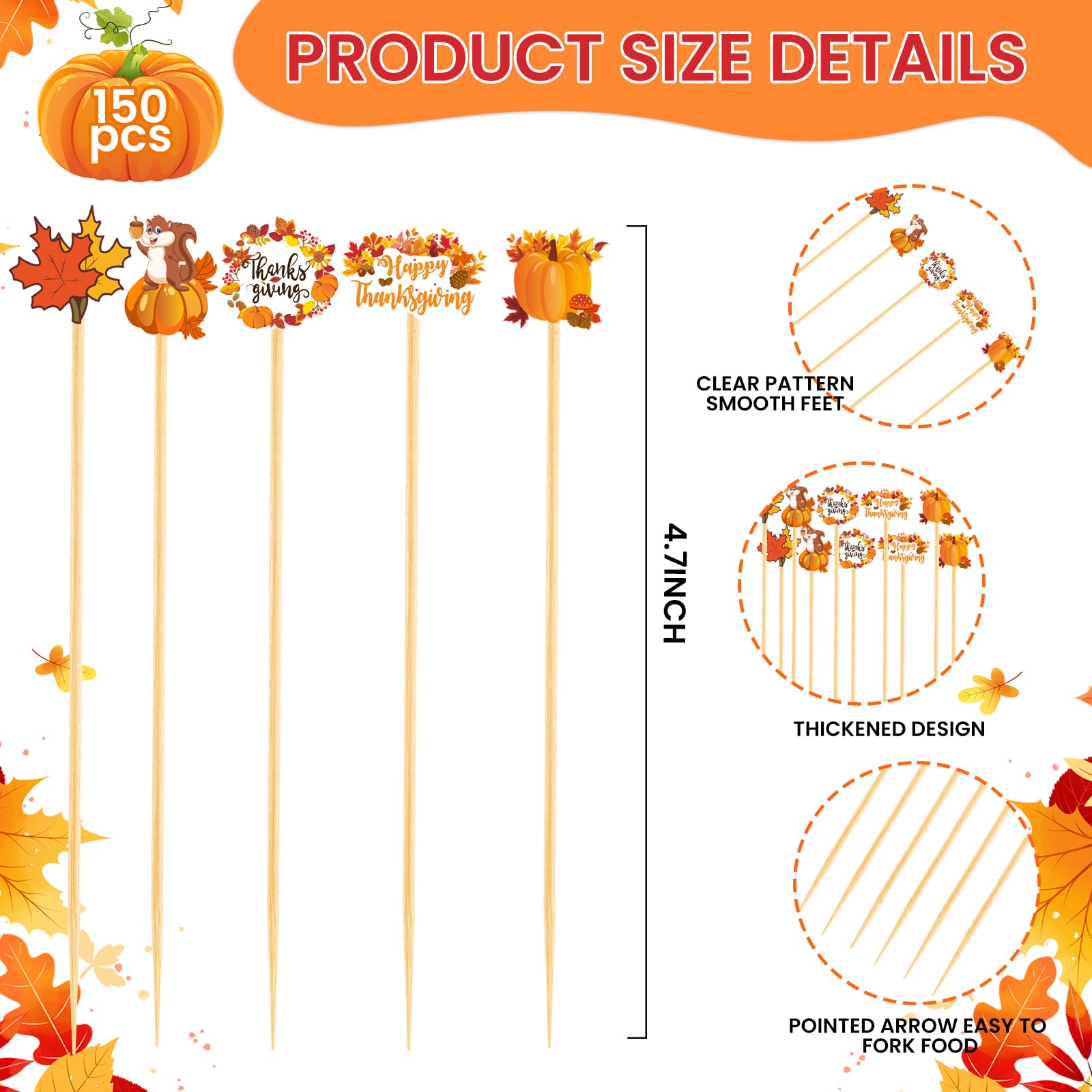 150PCS Thanksgiving Cocktail Picks,Autumn Theme Turkey Squirrel Pumpkin Maple Leaf Bamboo Cocktail Toothpicks Fruit Skewers Drink Dessert for Thanksgiving Day Party Decoration