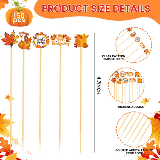 150PCS Thanksgiving Cocktail Picks,Autumn Theme Turkey Squirrel Pumpkin Maple Leaf Bamboo Cocktail Toothpicks Fruit Skewers Drink Dessert for Thanksgiving Day Party Decoration