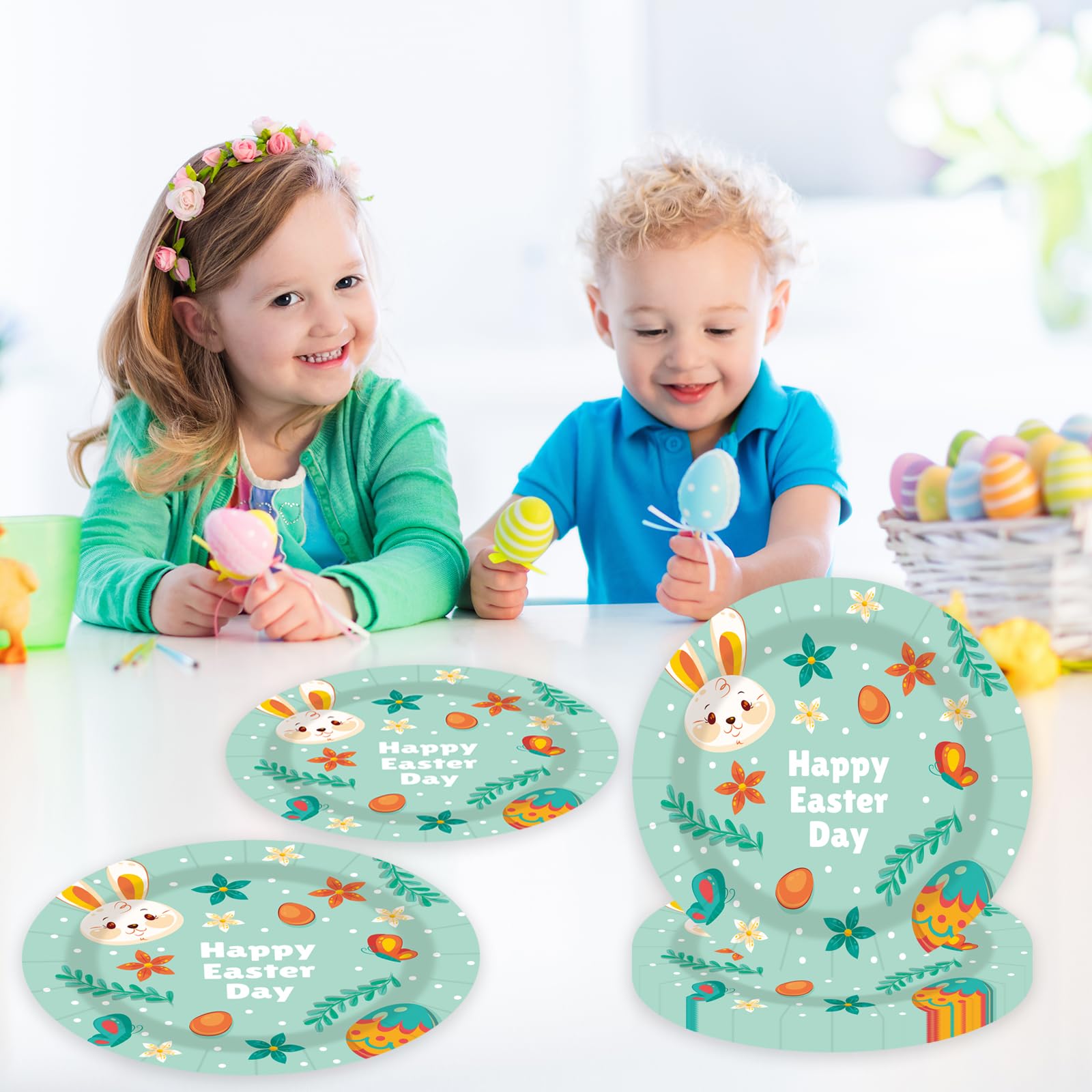 EVYIENEN 50 Pcs Happy Easter Paper Plates,7 inch Green Easter Bunny Dessert Plates for Spring Birthday Party Supplies Table Decorations