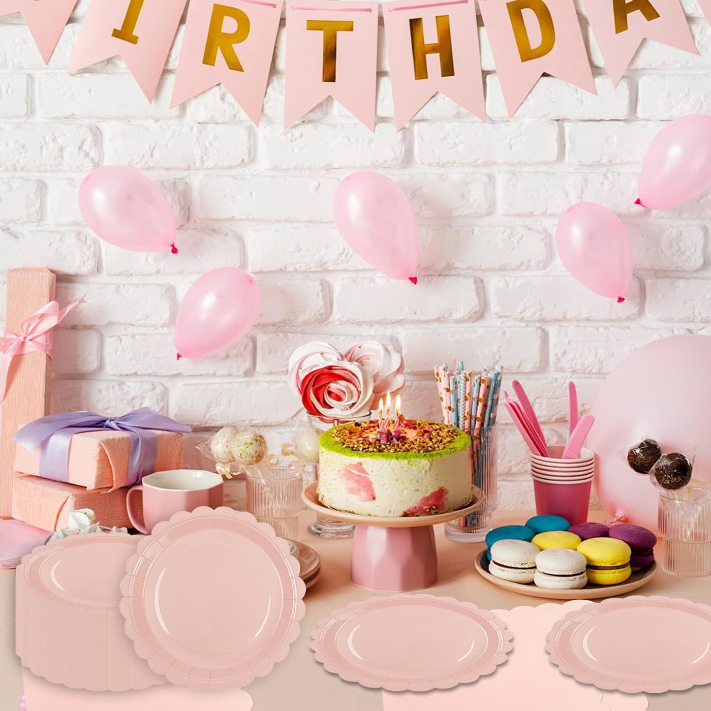 150Pcs Pink Paper Plates and Napkins,50 Guest Pink Scalloped Paper Tableware Forks Disposable Dinnerwaret Kit for Baby Shower Bridal Wedding Birthday Valentine Party New Year Decorations (9inch)