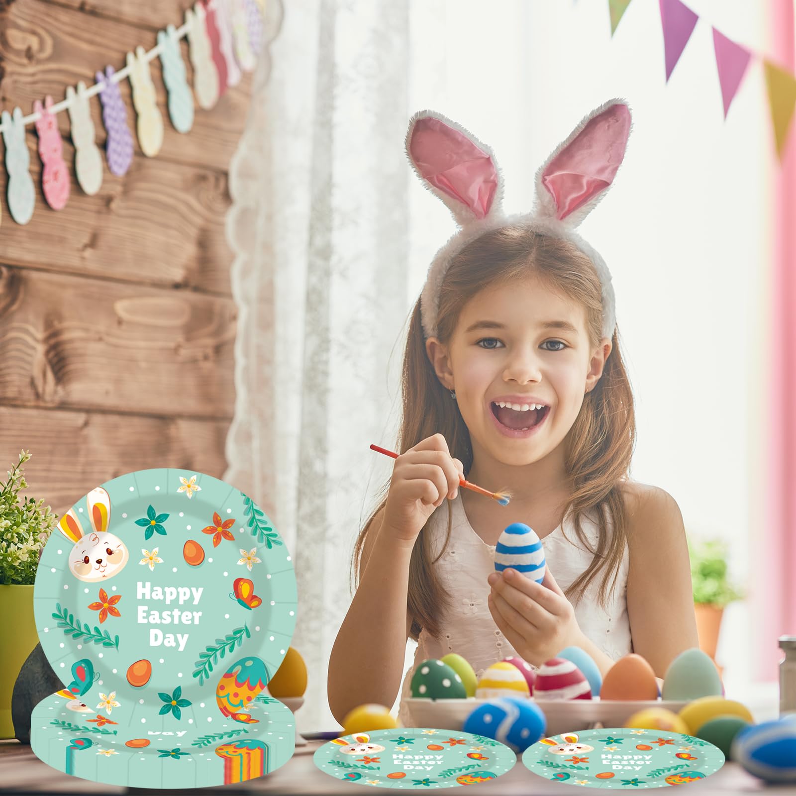 EVYIENEN 50 Pcs Happy Easter Paper Plates,7 inch Green Easter Bunny Dessert Plates for Spring Birthday Party Supplies Table Decorations