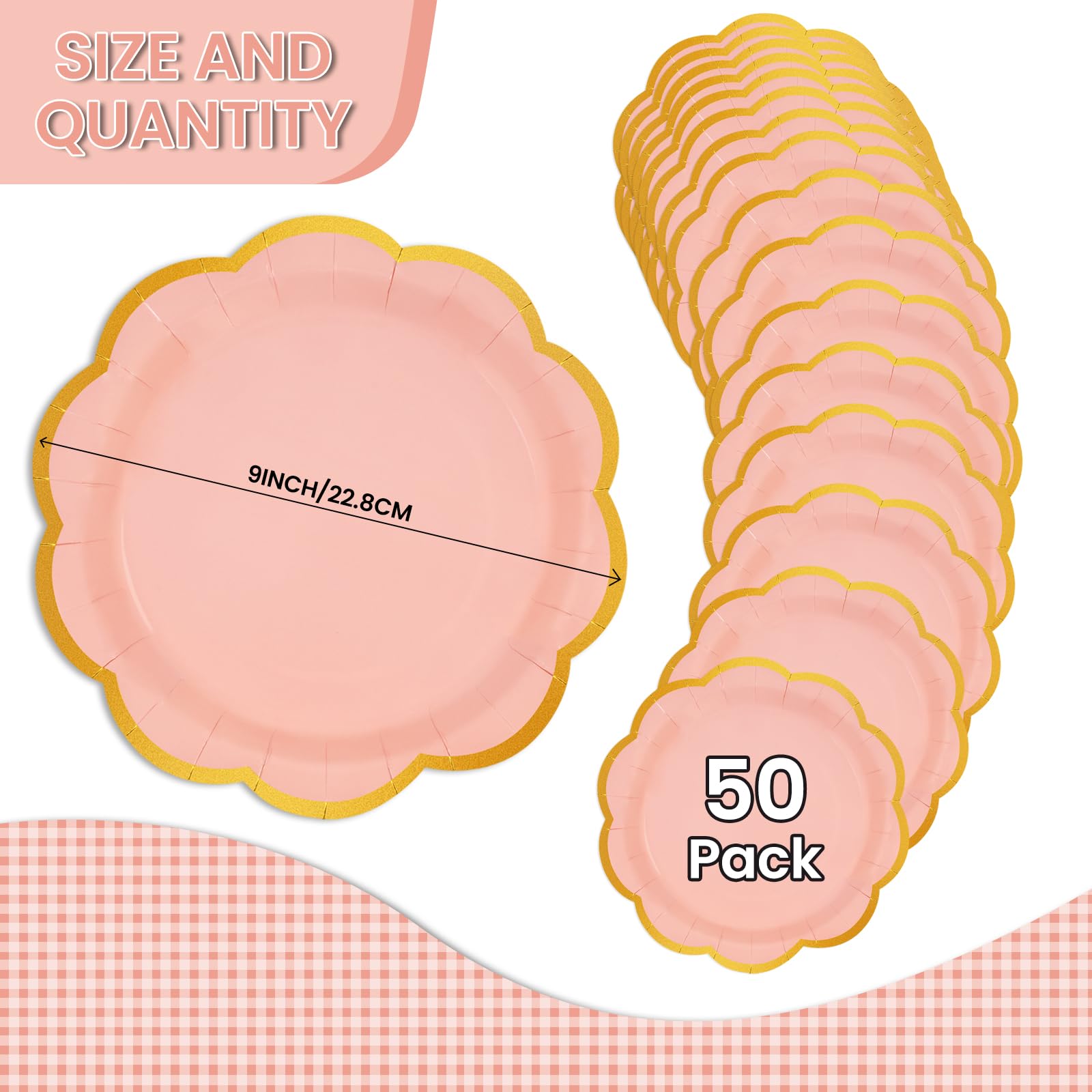 EVYIENEN 50 Pcs Pink Paper Plates,9 Inches Gold Foil Disposable Scalloped Paper Party Plates for Cake Dessert Halloween Fall Thanksgiving Birthday Wedding Baby Shower Party Decorations