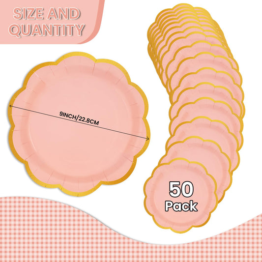 EVYIENEN 50 Pcs Pink Paper Plates,9 Inches Gold Foil Disposable Scalloped Paper Party Plates for Cake Dessert Halloween Fall Thanksgiving Birthday Wedding Baby Shower Party Decorations
