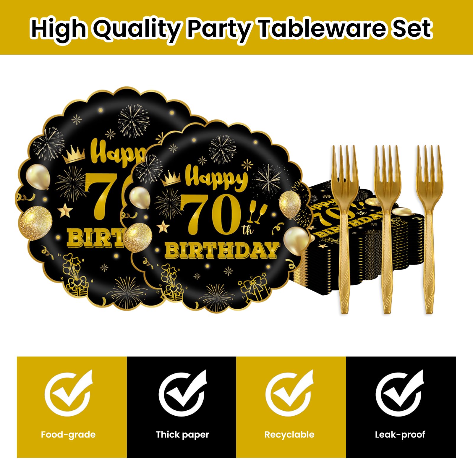 EVYIENEN 96Pcs 60th Birthday Party Tableware Set,Back in 1965 Birthday Party Decorations Supplies, Disposable Black and Gold 60th Birthdays Paper Plates Napkins Forks Favors for Men Women, Serve 24