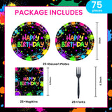 EVYIENEN 75Pcs Neon Birthday Plates and Napkins Party Supplies,7 Inch Neon Paper Plates and 6.5 Inch Napkins with 6.3 Inch Forks Disposable Tableware Set for Birthday Party Decorations,Serve 25