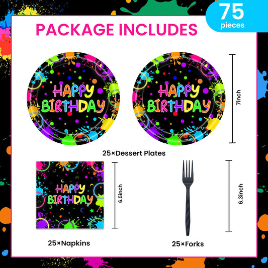 EVYIENEN 75Pcs Neon Birthday Plates and Napkins Party Supplies,7 Inch Neon Paper Plates and 6.5 Inch Napkins with 6.3 Inch Forks Disposable Tableware Set for Birthday Party Decorations,Serve 25