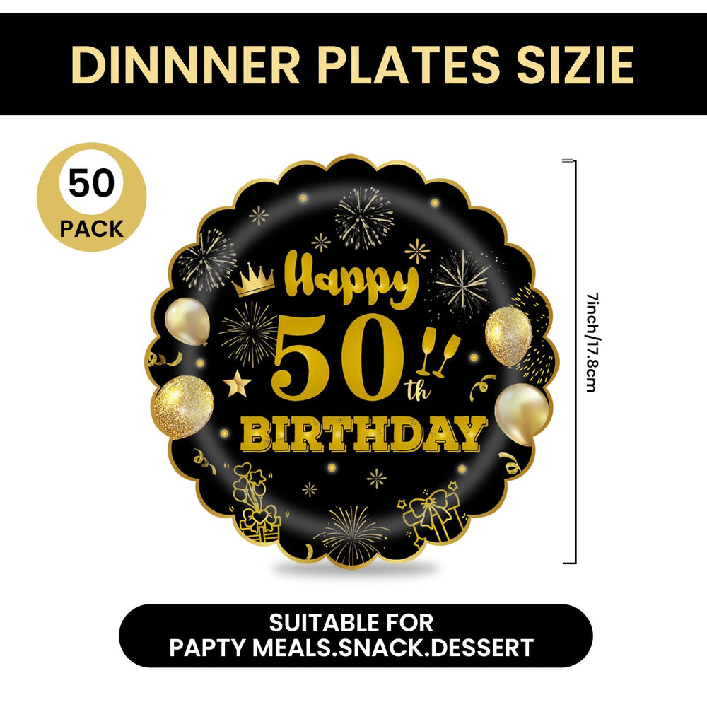 EVYIENEN 50Pcs 50th Birthday Party Paper Plates,7inch Disposable Black and Gold Scalloped Dessert Party Plates for Birthday Wedding Anniversary Reception Event Decorations — image 2