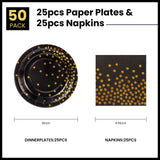 EVYIENEN 50PCS Black and Gold Birthday Dinner Plates and Napkins Party Supplies,25 x 9 Black Gold Foil Decorations Dessert Plates and 25 x 6.5 Napkins for Birthdays New Year Weddings Graduations