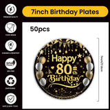 50Pcs 80th Birthday Paper Plates, 9 Inch Black and Gold Disposable Dessert Plates for Men and Women, 80th Birthday and Wedding Party