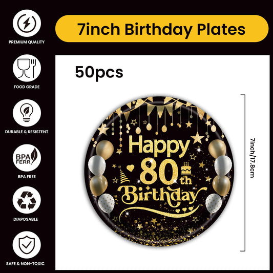 50Pcs 80th Birthday Paper Plates, 9 Inch Black and Gold Disposable Dessert Plates for Men and Women, 80th Birthday and Wedding Party