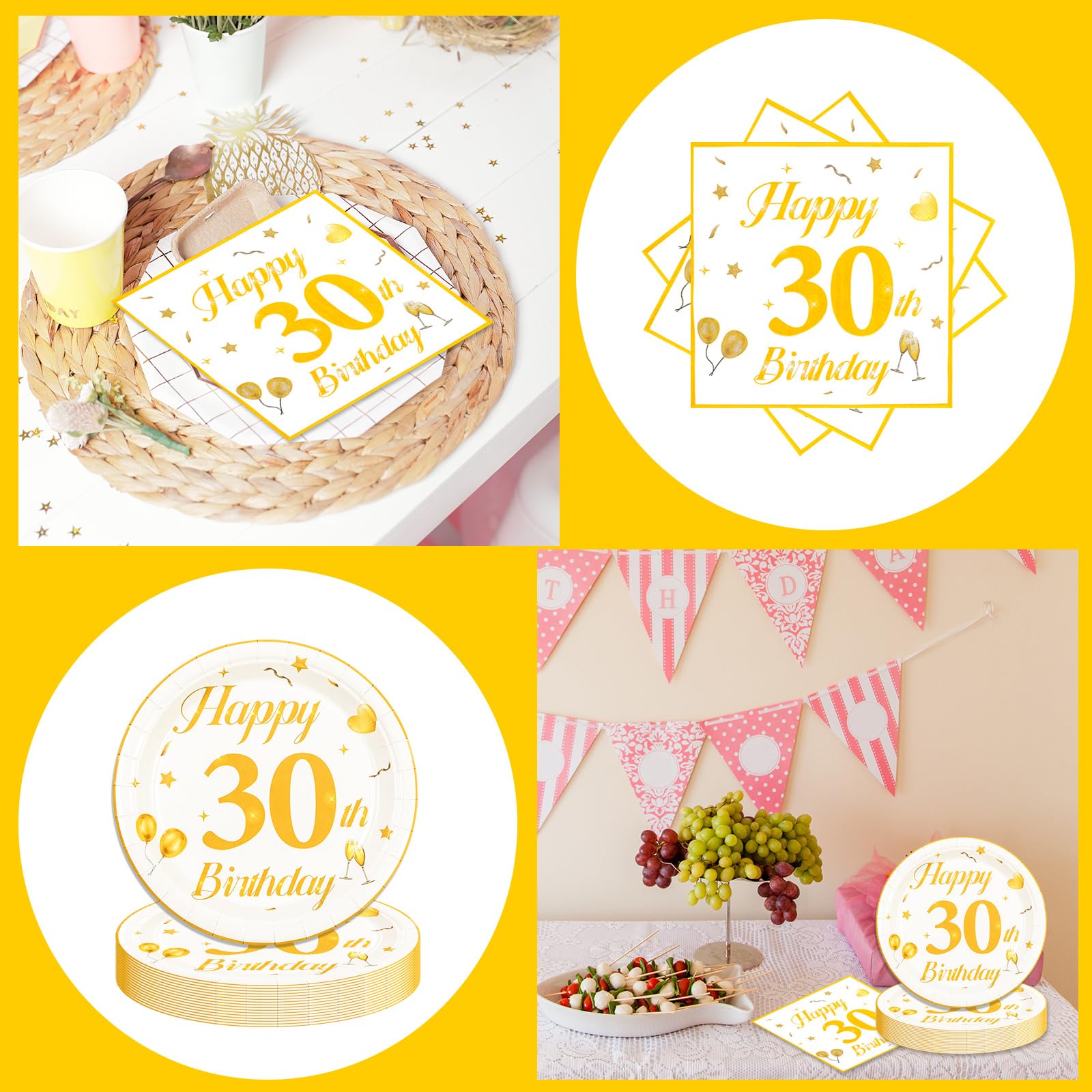 EVYIENEN 50PCS 30th Happy Birthday Plates and Napkins,7 Inch Premium Wihte and Gold Birthday Dessert Cake Plates Party and Cocktail Napkin for Men and Women Table Anniversary Decoration