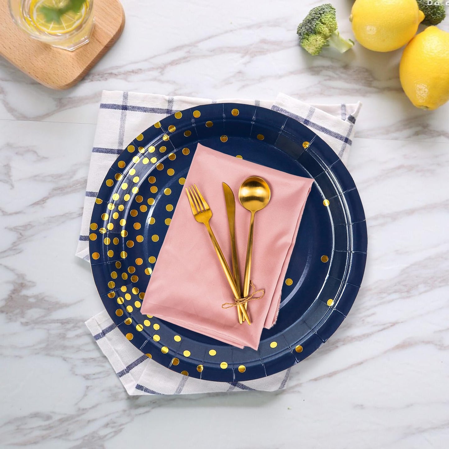 EVYIENEN 50 Pack Deep Blue and Gold Paper Plates, 7inch Metallic Foil Polka Dots Disposable Dessert Party Party Supplies Plates for Graduation Birthday Cocktail Party Weddings Holiday Christmas