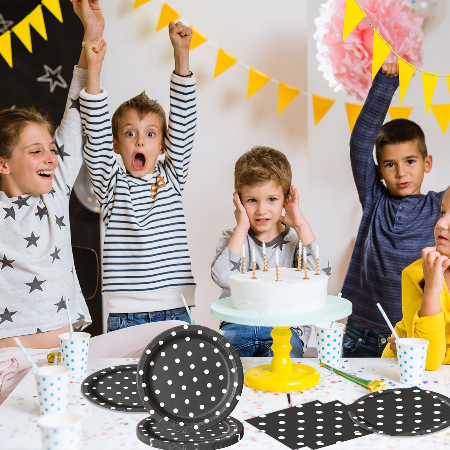 EVYIENEN 50PCS Black Polka Dot Paper Plates and Napkins Party Supplies, Black and White Party Plates and Napkins Tableware Set for Birthday Bridal & Baby Shower Wedding Party Decoration