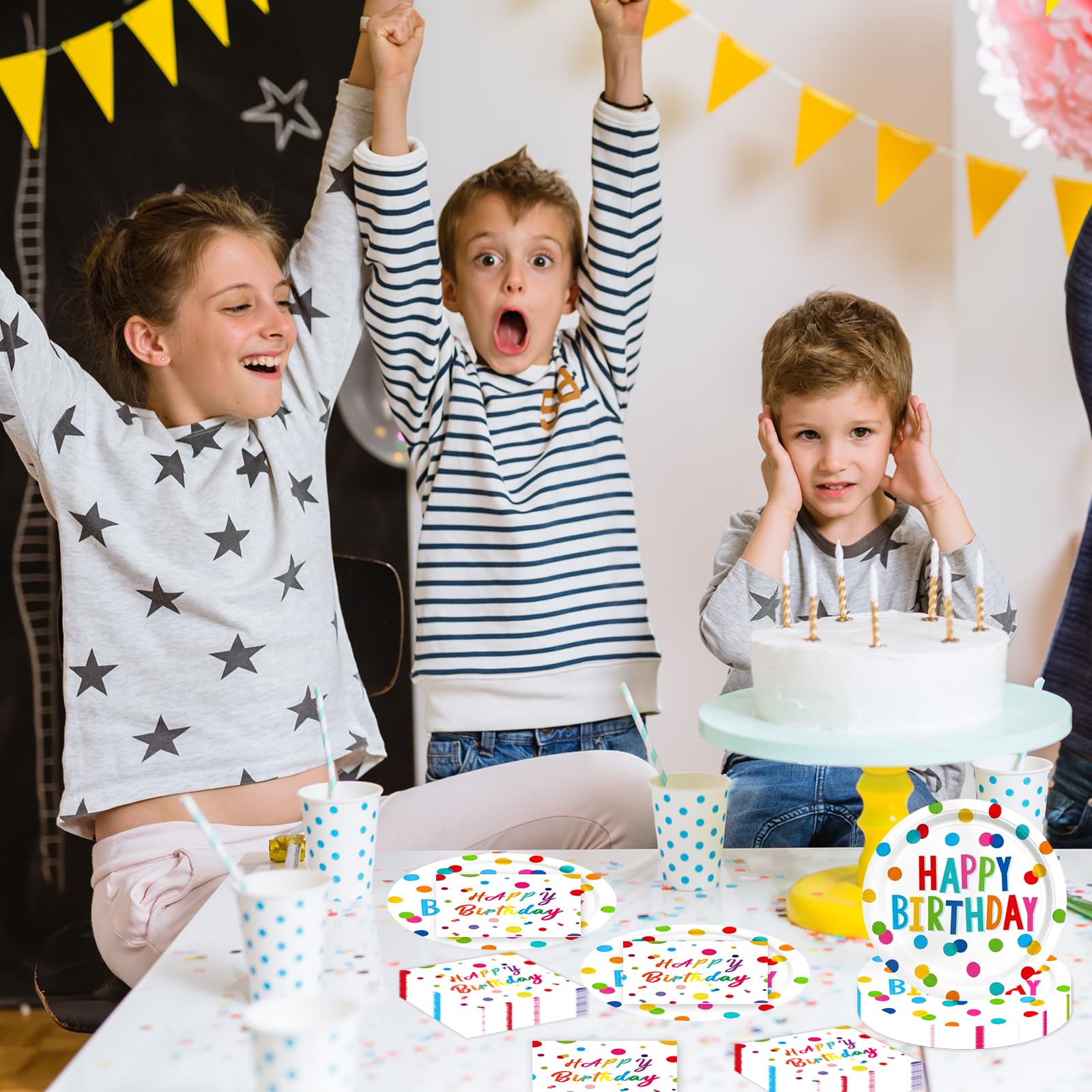 EVYIENEN 50 Pcs Happy Birthday Dots Plates and Napkins Party Supplies,Happy Birthday and Napkins Party Decorations for Birthday Plates-Serves 25