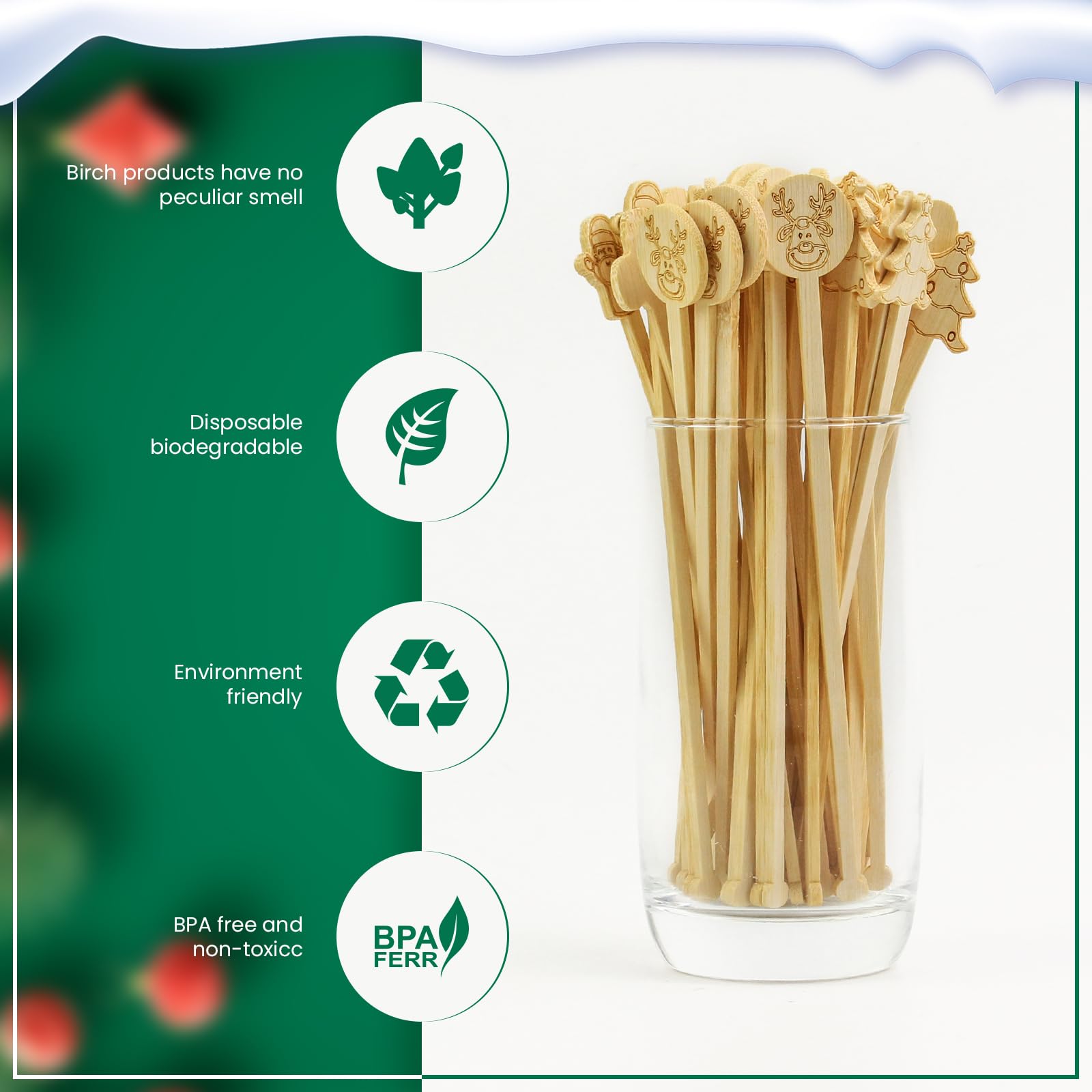 60PCS Bamboo Coffee Stirrers, 6.9 Inch Biodegradable Disposable Drink Stirrers – Santa Claus Christmas Design for Office, Coffee Shop & Home