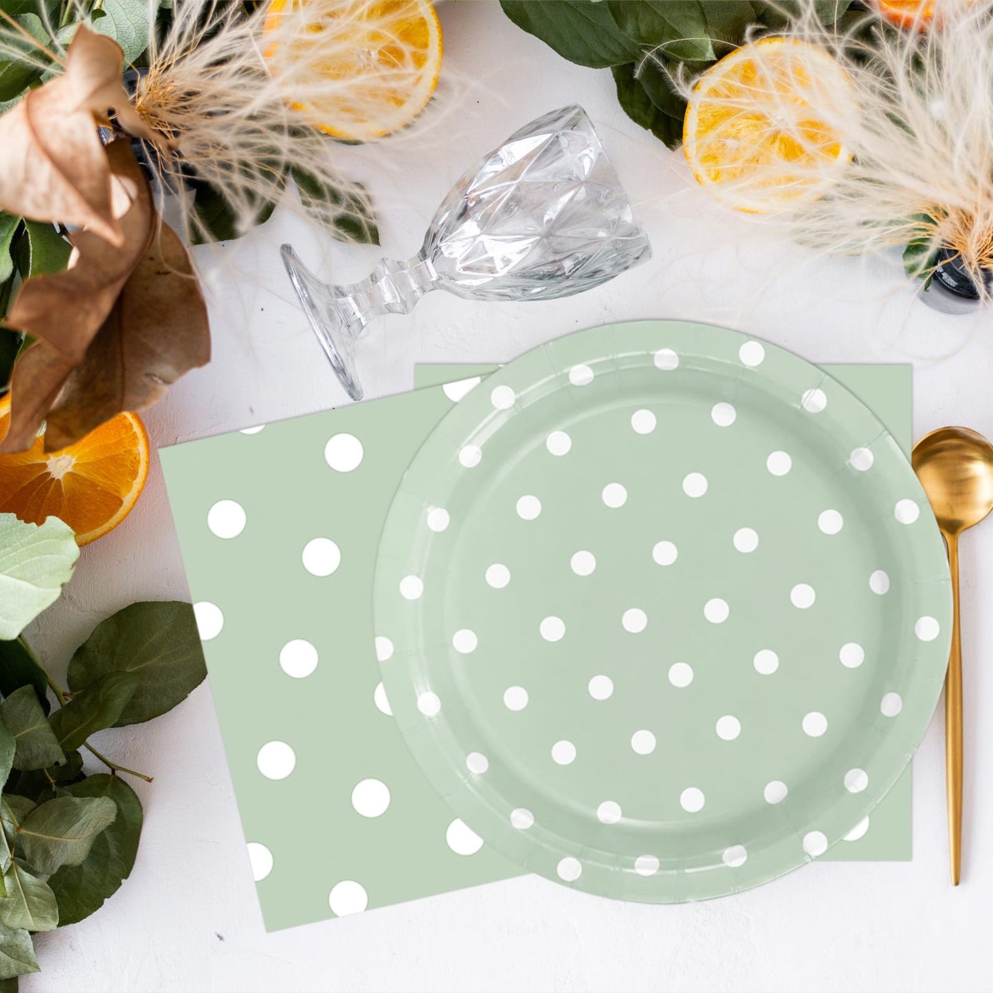 EVYIENEN 50PCS Sage Green Polka Dot Paper Plates and Napkins Party Supplies, Green and White Party Plates and Napkins Tableware Set for Birthday Bridal & Baby Shower Wedding Party Decoration