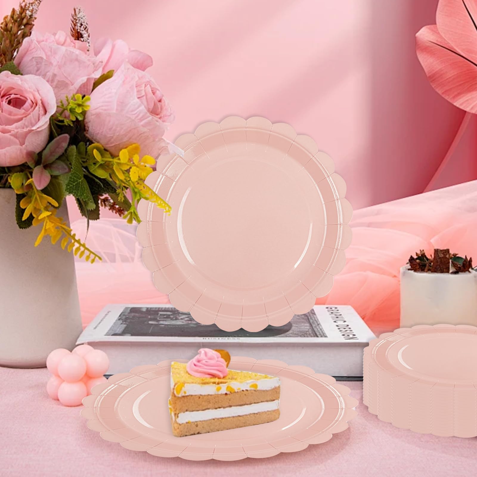 75 Pcs Pink Scalloped Paper Plates, Napkins & Forks Set – Disposable Tableware for Baby Shower, Bridal Shower, Weddings & Valentine's, Serves 25 (9 Inch)