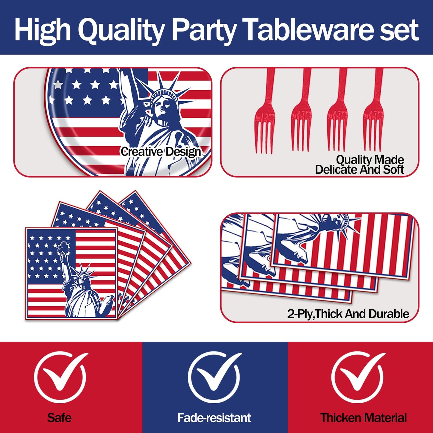 EVYIENEN 75Pcs 4th of July Plates and Napkins Party Supplies,7 Inch American Flag Patriotic Paper Plates and 6.5 Inch Napkins with 6.3 Inch Forks Disposable Tableware Set