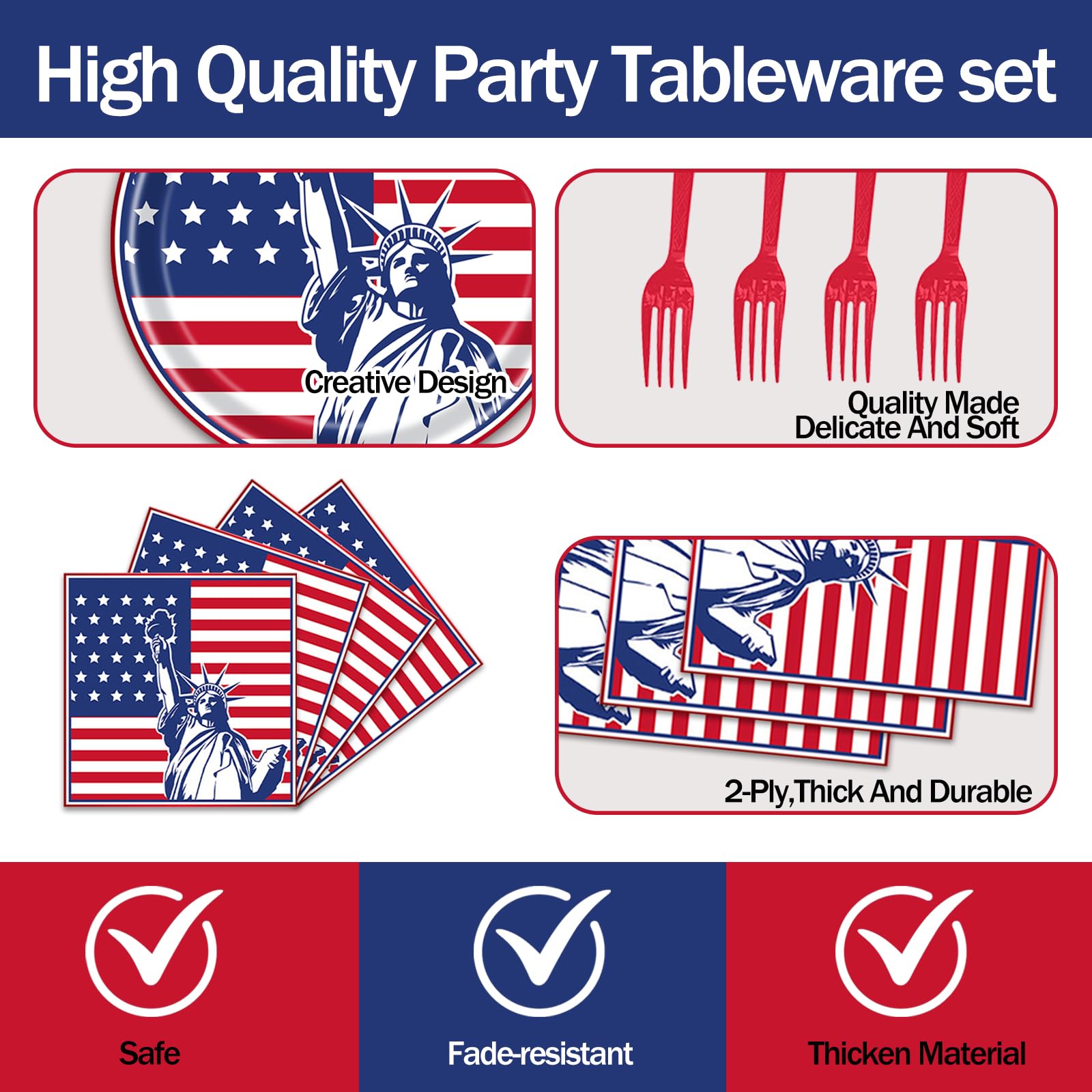 EVYIENEN 75Pcs 4th of July Plates and Napkins Party Supplies,7 Inch American Flag Patriotic Paper Plates and 6.5 Inch Napkins with 6.3 Inch Forks Disposable Tableware Set