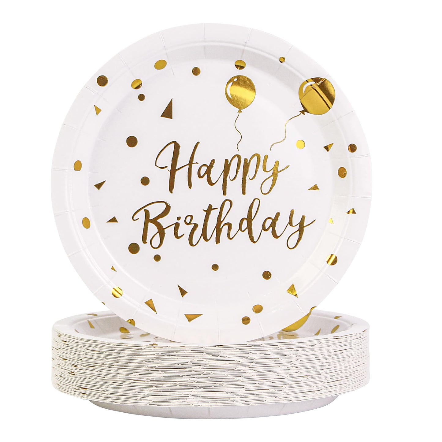 EVYIENEN Paper Plates, 50pcs Disposable Dessert Plates, White Gold Polka Dots, Biodegradable, Round, 7inch, for Birthday Decorations Party