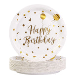 EVYIENEN Paper Plates, 50pcs Disposable Dessert Plates, White Gold Polka Dots, Biodegradable, Round, 7inch, for Birthday Decorations Party