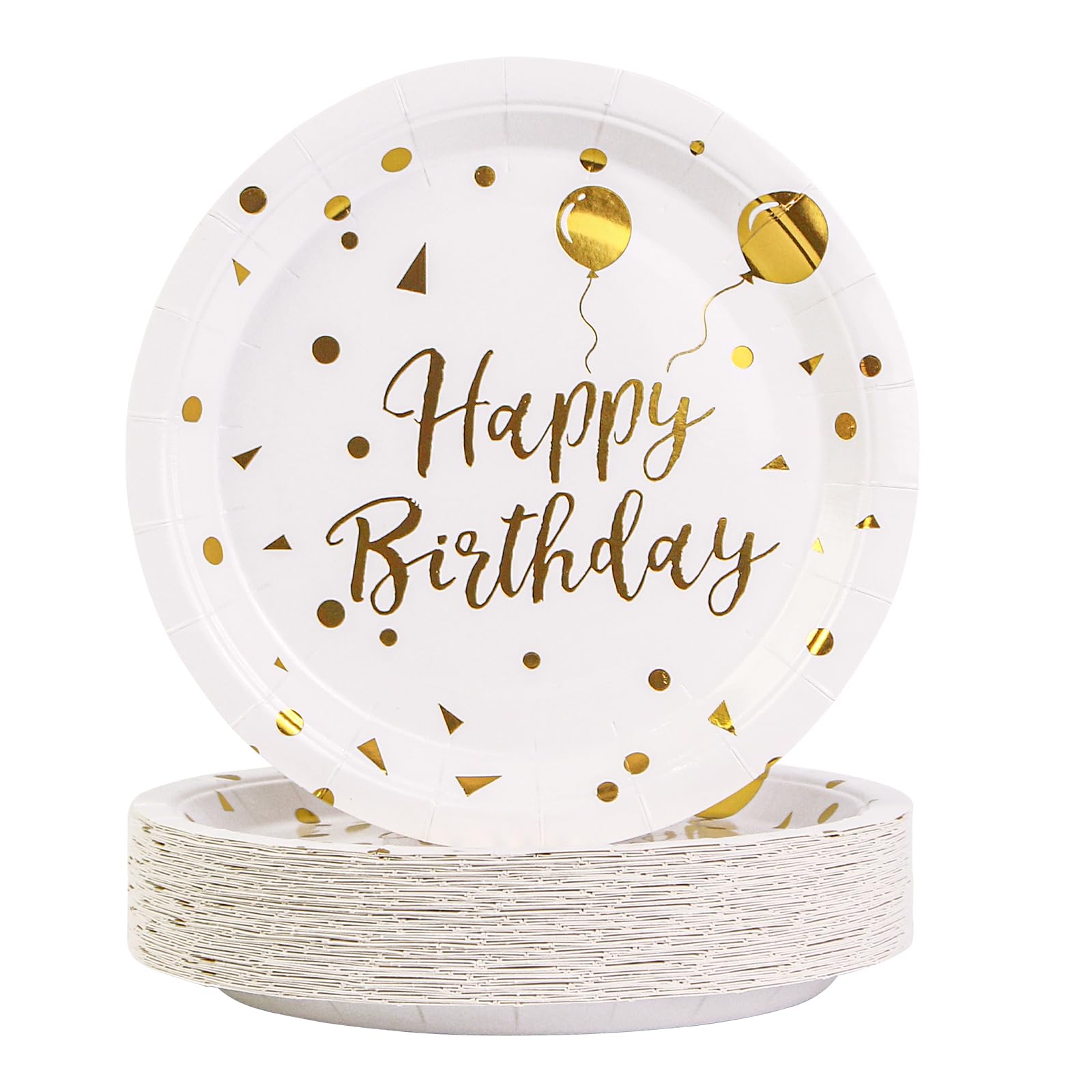 EVYIENEN Paper Plates, 50pcs Disposable Dessert Plates, White Gold Polka Dots, Biodegradable, Round, 7inch, for Birthday Decorations Party