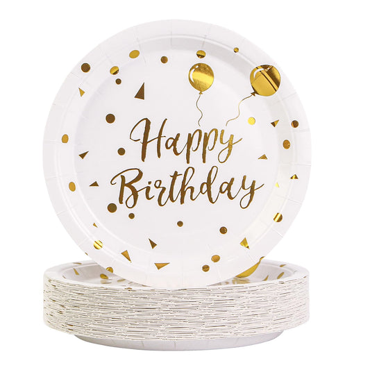 EVYIENEN Paper Plates, 50pcs Disposable Dessert Plates, White Gold Polka Dots, Biodegradable, Round, 7inch, for Birthday Decorations Party
