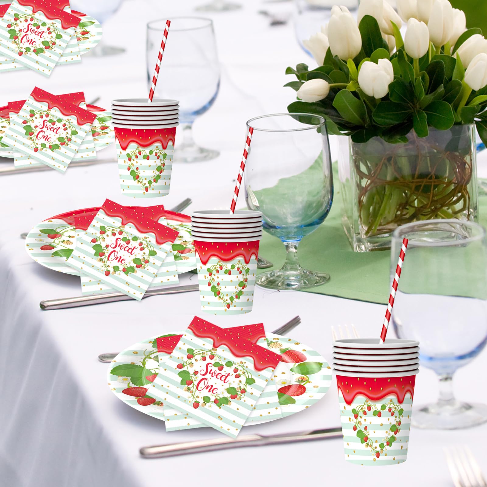 50PCS Strawberry Theme Birthday Party Tableware Set,Include Straw Paper Cups Plates and Napkins Set Disposable Party Supplies Decorations for Birthday Weddings Party Supplies