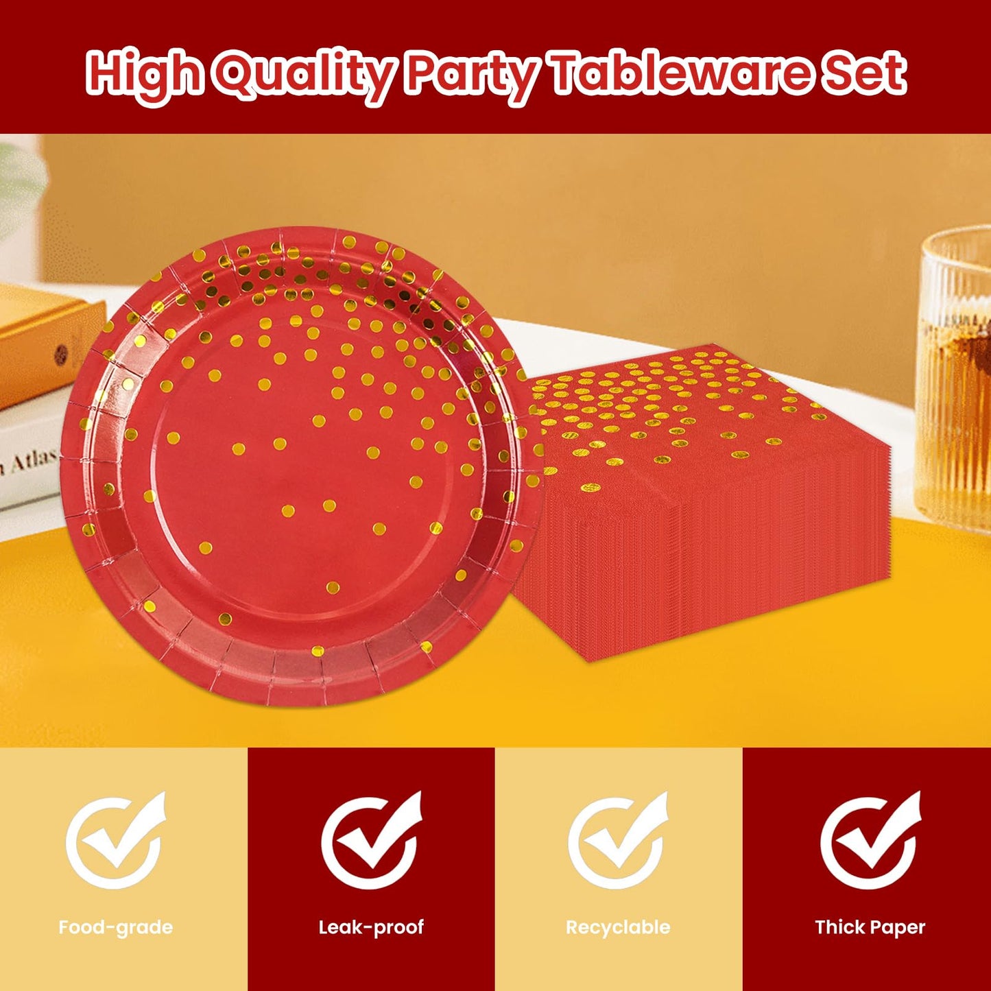 50PCS Red and Gold Birthday Plates and Napkins Party Supplies,25 x 7 Red Gold Foil Decorations Dessert Plates and 25 x 6.5 Napkins for Birthdays New Year Weddings Graduations