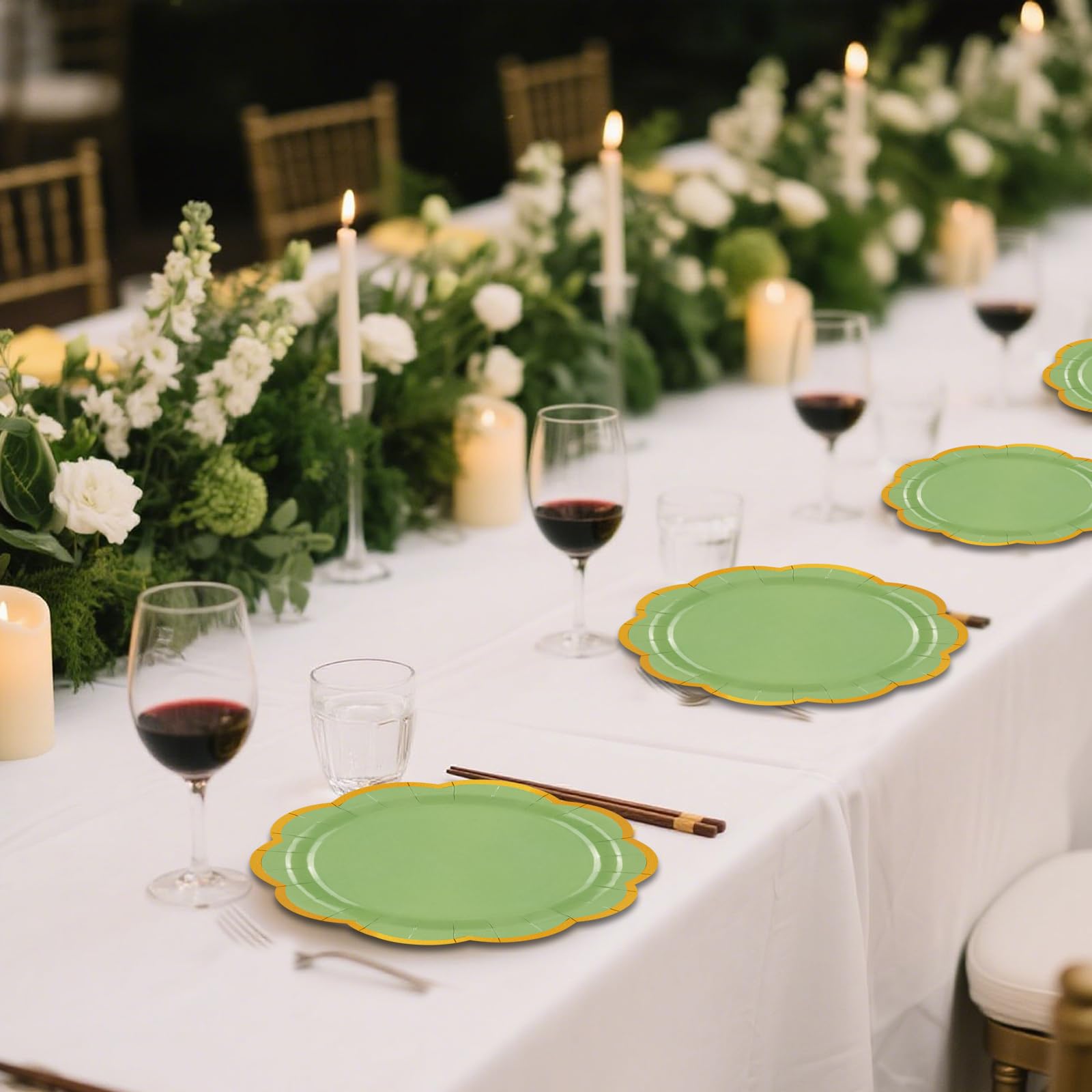 EVYIENEN 50 Pcs Sage Green Paper Plates,9 Inches Gold Foil Disposable Scalloped Paper Party Plates for Cake Dessert Halloween Fall Thanksgiving Birthday Wedding Baby Shower Party Decorations