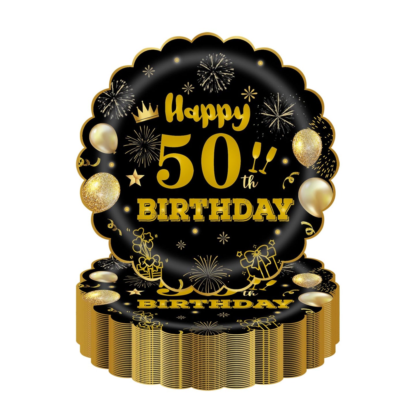 EVYIENEN 50Pcs 50th Birthday Party Paper Plates,7inch Disposable Black and Gold Scalloped Dessert Party Plates for Birthday Wedding Anniversary Reception Event Decorations