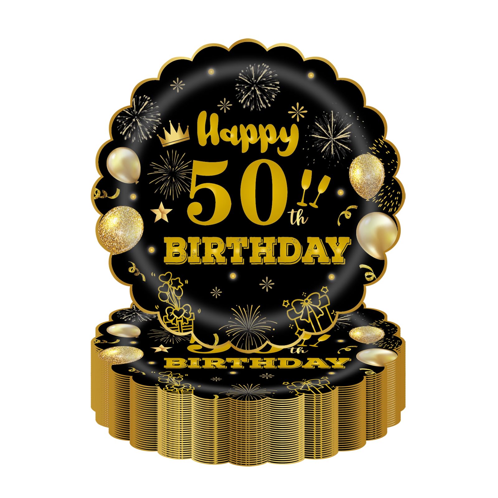 EVYIENEN 50Pcs 50th Birthday Party Paper Plates,7inch Disposable Black and Gold Scalloped Dessert Party Plates for Birthday Wedding Anniversary Reception Event Decorations