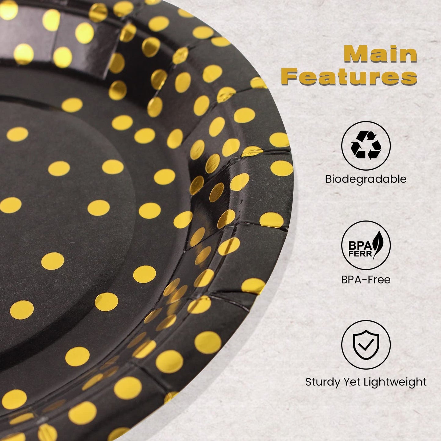EVYIENEN 50 Pack Black and Gold Paper Plates, 7inch Metallic Foil Polka Dots Disposable Dessert Party Plates Party Supplies for Graduation Birthday Party Weddings Holiday