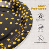 EVYIENEN 50 Pack Black and Gold Paper Plates, 7inch Metallic Foil Polka Dots Disposable Dessert Party Plates Party Supplies for Graduation Birthday Party Weddings Holiday