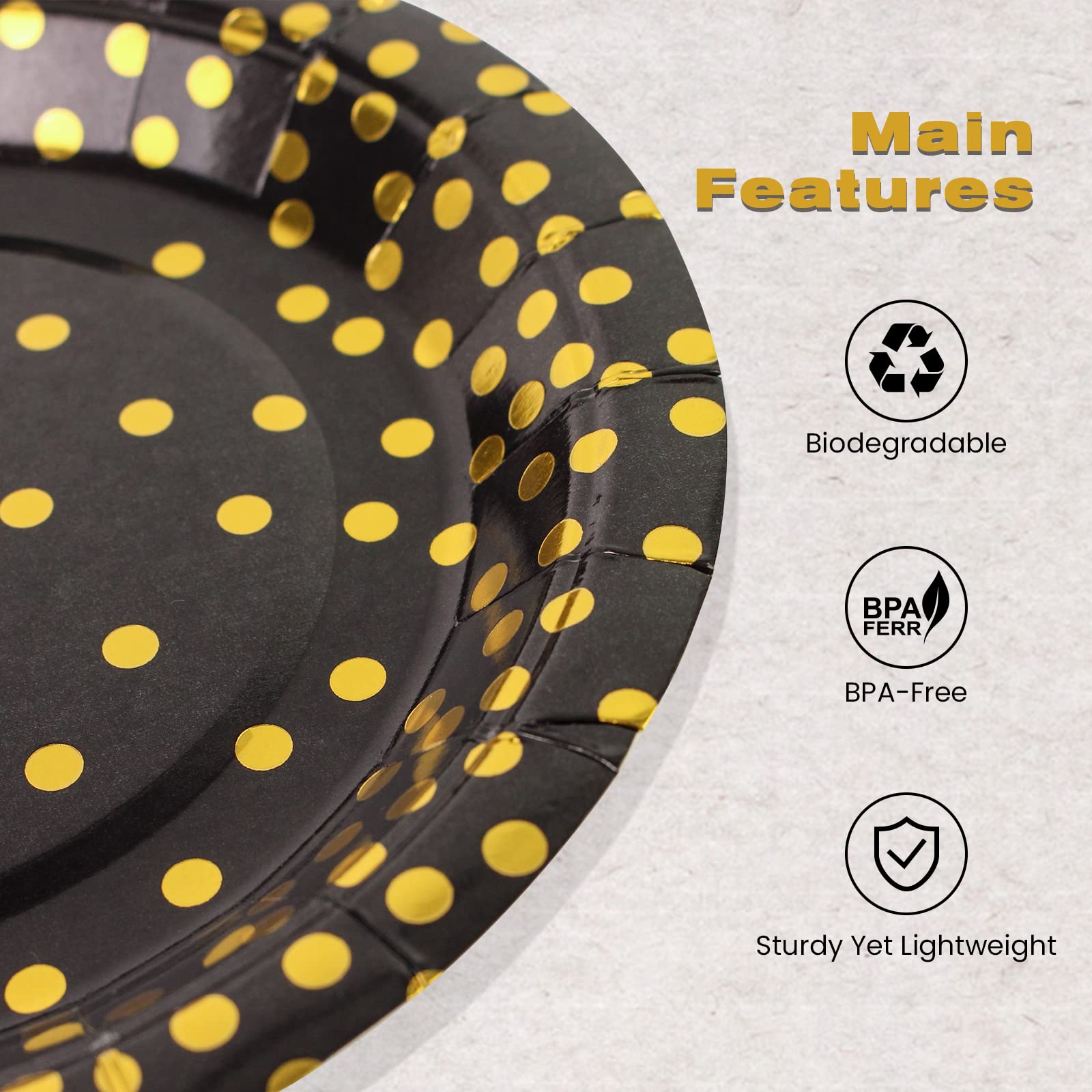 EVYIENEN 50 Pack Black and Gold Paper Plates, 7inch Metallic Foil Polka Dots Disposable Dessert Party Plates Party Supplies for Graduation Birthday Party Weddings Holiday