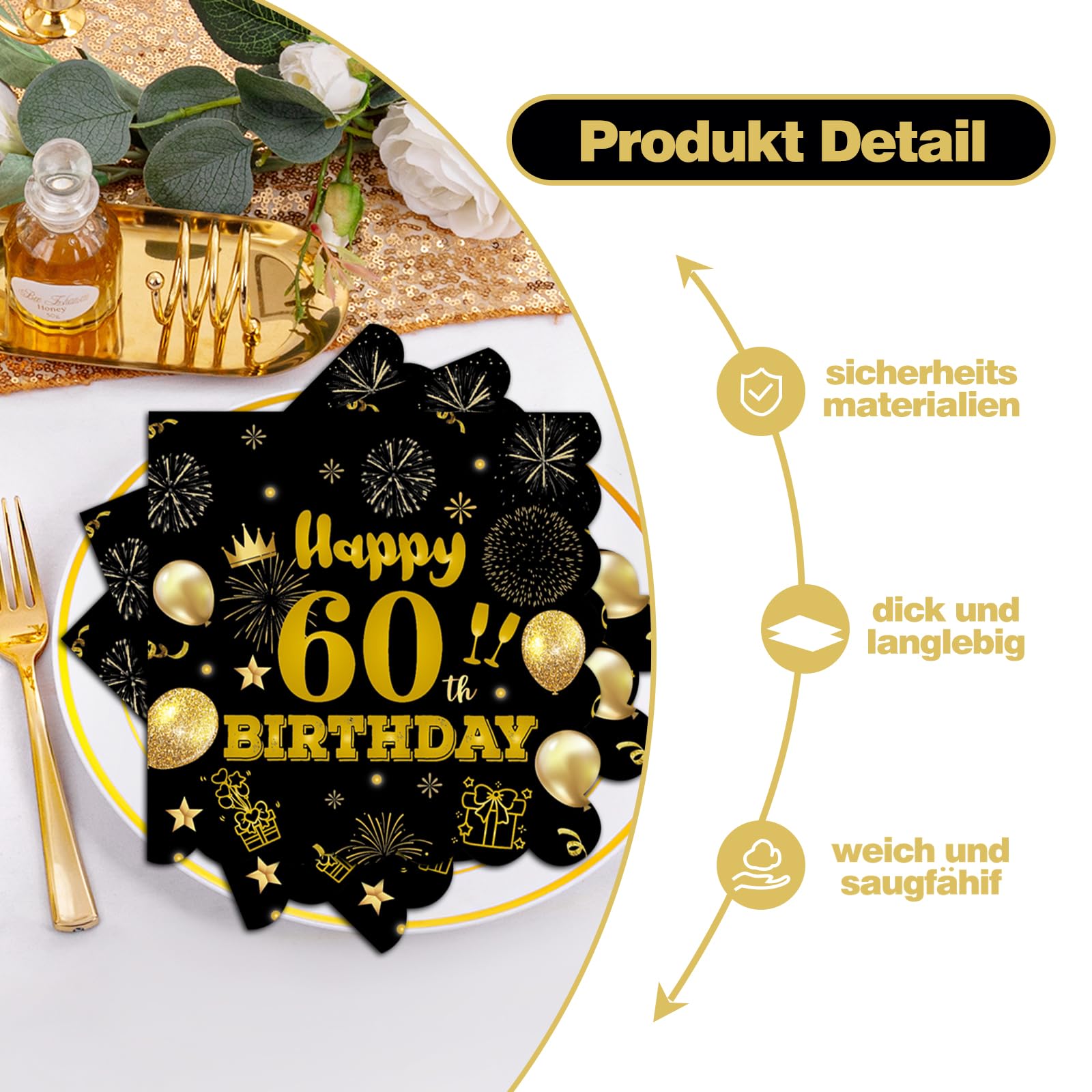 40pcs 60th Birthday Paper Napkins,13 x 13 inch Black and Gold Scalloped Dessert Cocktail Napkins Disposable Party Men Women Napkins 60th Birthday Decorations