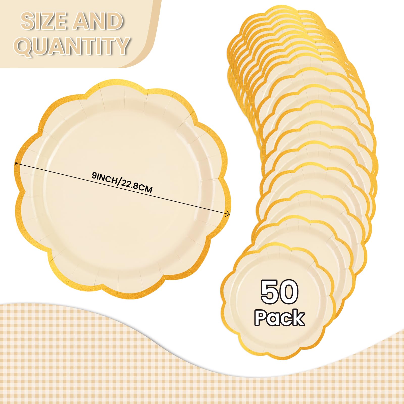 50 Pcs Orange Scalloped Paper Plates – 9 Inch Gold Foil Party Plates for Halloween, Fall & Thanksgiving