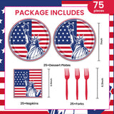 EVYIENEN 75Pcs 4th of July Plates and Napkins Party Supplies,7 Inch American Flag Patriotic Paper Plates and 6.5 Inch Napkins with 6.3 Inch Forks Disposable Tableware Set