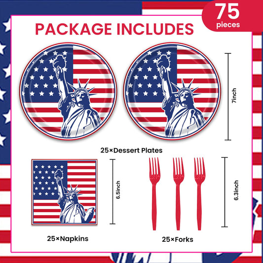 75Pcs 4th of July Plates and Napkins Party Supplies with Forks, 7 Inch American Flag Patriotic Disposable Tableware Set, Serves 25