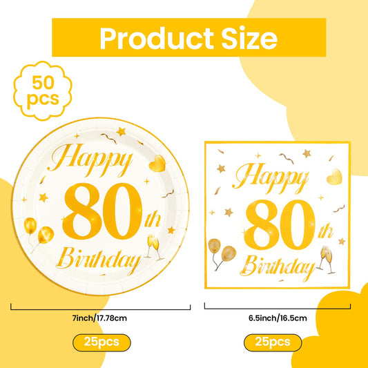 EVYIENEN 50PCS 80th Happy Birthday Plates and Napkins,7 Inch Premium Wihte and Gold Birthday Dessert Cake Plates Party and Cocktail Napkin for Men and Women Table Anniversary Decoration