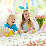 Easter Rectangle Plastic Table Cover, 54x108 Inch Colorful Eggs Bunny and Floral Tablecloth for Easter and Spring Party Decorations