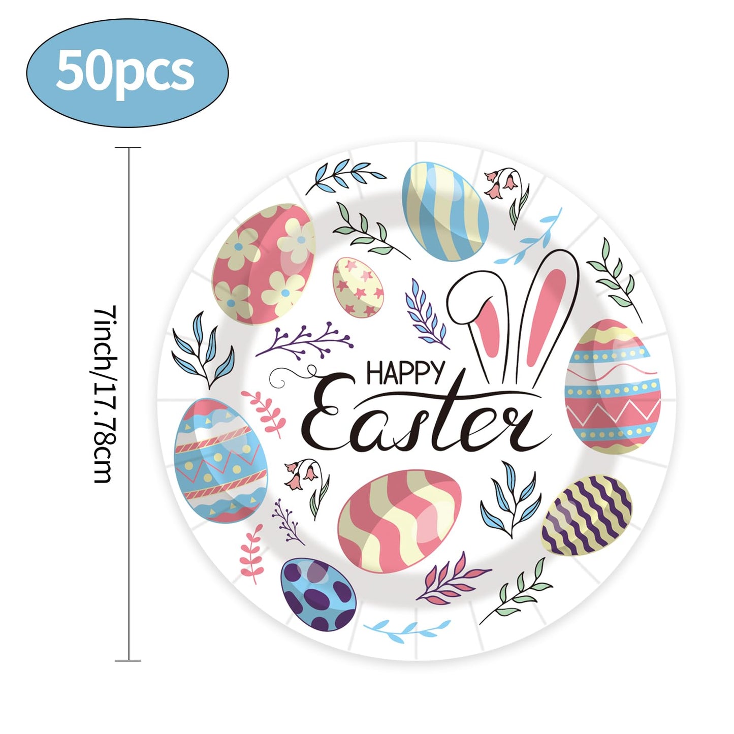 50PCS Happy Easter Bunny Paper Plates, 7-Inch Colorful Dessert Plates for Spring Parties & Table Decorations