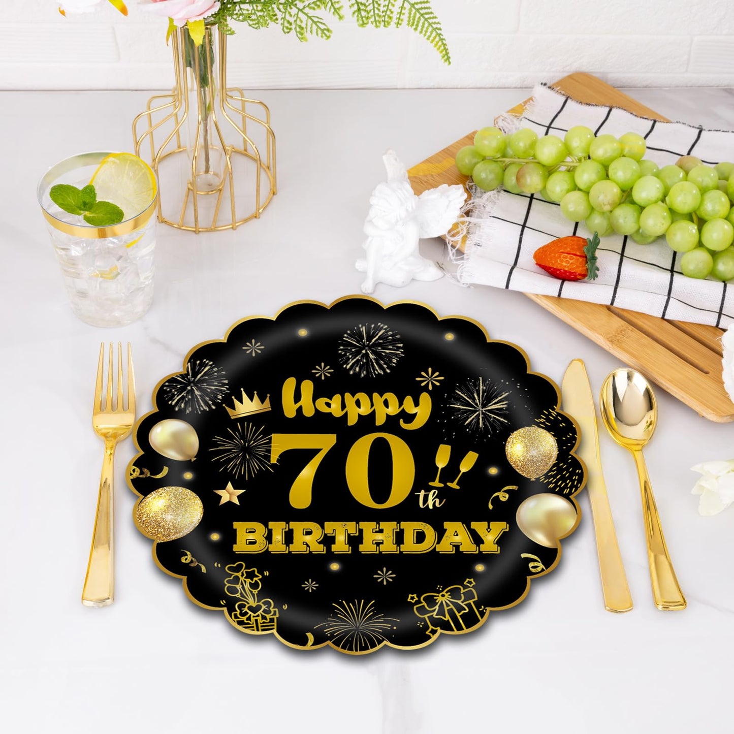 EVYIENEN 50Pcs 70th Birthday Party Paper Plates,7inch Disposable Black and Gold Scalloped Dessert Party Plates for Birthday Wedding Anniversary Reception Event Decorations