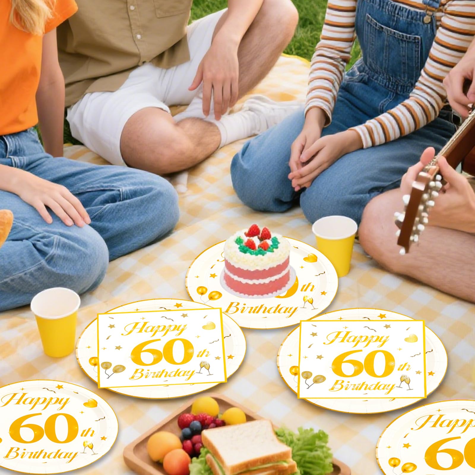 EVYIENEN 50PCS 60th Happy Birthday Plates and Napkins,7 Inch Premium Wihte and Gold Birthday Dessert Cake Plates Party and Cocktail Napkin for Men and Women Table Anniversary Decoration